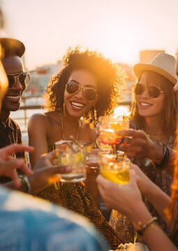 Group celebrating with drinks at rooftop bar at sunset
