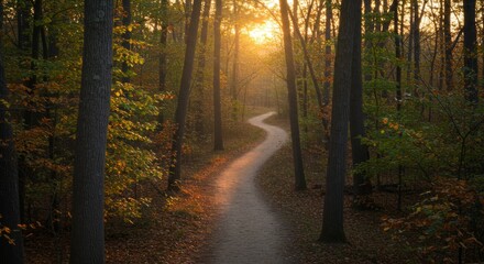 Obraz premium Autumnal Forest Path at Sunset