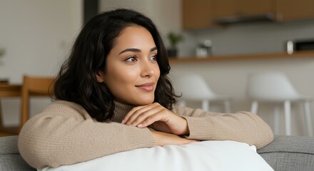 A thoughtful young woman with dark hair gazes away, resting on a pillow in a cozy indoor setting.