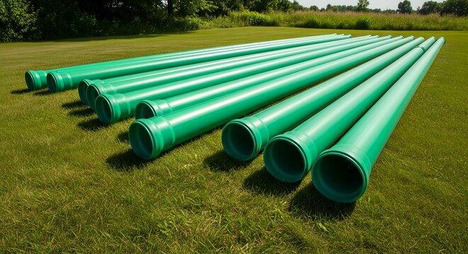 green wide long sewer pipes tubes network around the city