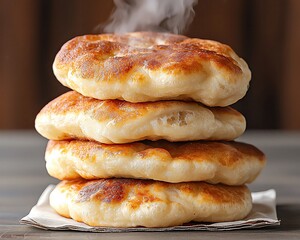 Korean Bungeoppang with Steam Rising stacked on napkin with gentle backlight from traditional Korean window, subtle warm tones and high clarity