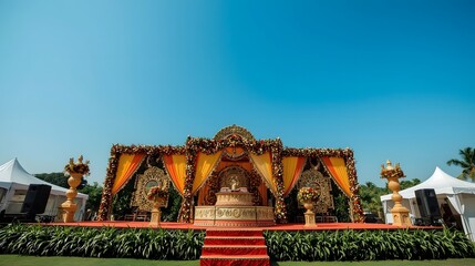 Elaborate wedding stage decorated with vibrant flowers and ornate golden accents under a clear blue sky