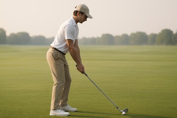 beginner golfer standing on golf course, practicing basic stance with club. The posture is clear and easy to understand. learning