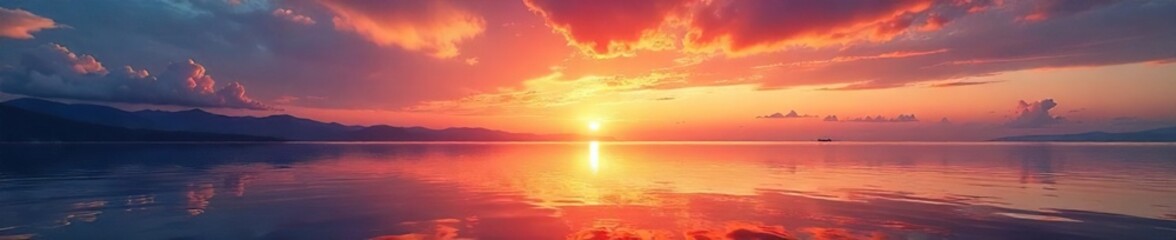 Fototapeta premium Serene Sunset Reflection Calm Water and Vibrant Sky at Tranquil Waterfront, Perfect for Travel, Nature, and Serenity Themes in Websites, Brochures, and Publications