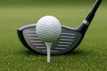 Golf ball placed on a tee, with a golf club head just behind it, ready to swing. Learning