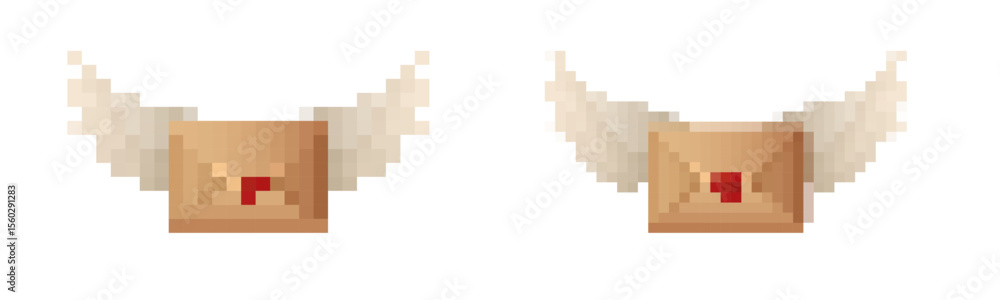 Poster pixelated envelope with wings, styled in retro 8 bit. ideal for nostalgic game icons and design.