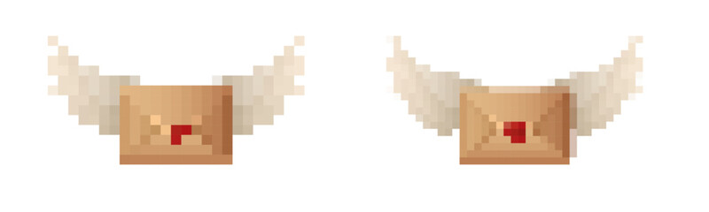 Pixelated envelope with wings, styled in retro 8 bit. ideal for nostalgic game icons and design.