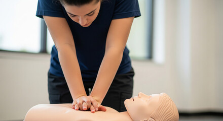 Man learning first aid cardiopulmonary resuscitation on training dummy, close-up