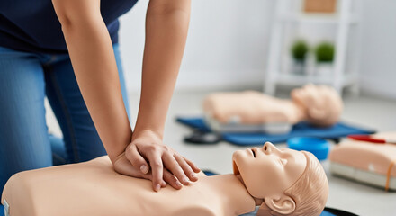 Man learning first aid cardiopulmonary resuscitation on training dummy, close-up