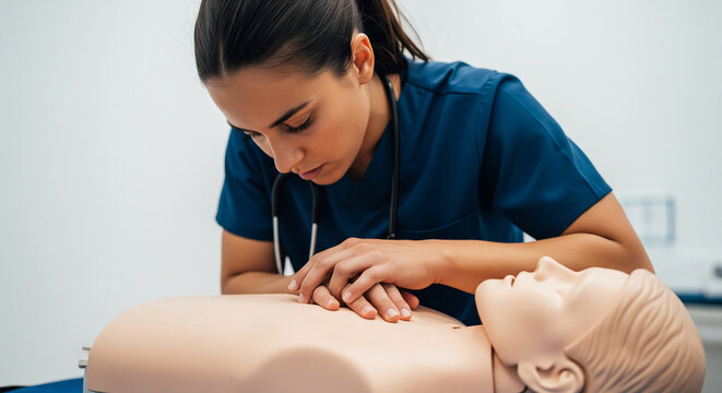 Man learning first aid cardiopulmonary resuscitation on training dummy, close-up