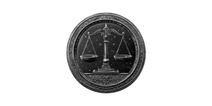 Scales Of Justice Emblem With Ornate Design. Symbol Of Balance And Fairness In Legal Contexts Isolated On Transparent Background