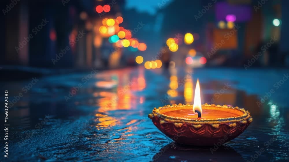 Poster a lit candle placed on a wet surface, ready for use