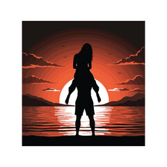 Silhouette of a woman and a girl on the beach at sunset with dancing and party vibes