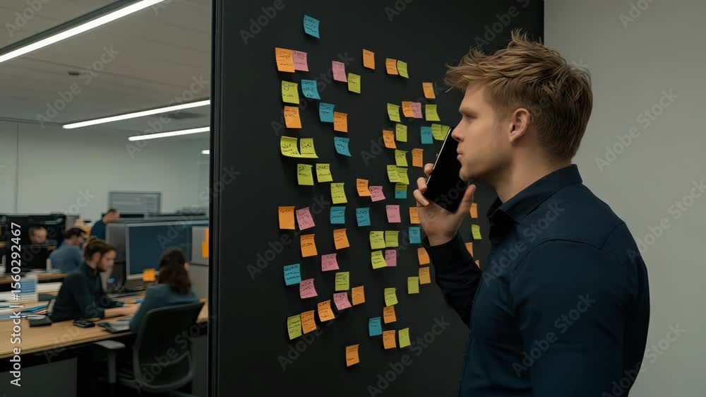 Aufkleber Team collaborates on ideas using colorful sticky notes while focusing on problem-solving in a contemporary workspace