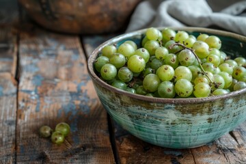 Ripe green grapes spilling from a ceramic bowl, creating a rustic still life on a weathered wooden table