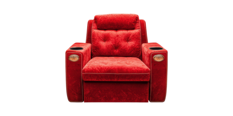 Luxurious Red Velvet Recliner Chair With Cup Holders. Comfort And Style For Home Theater Seating Isolated On Transparent Background