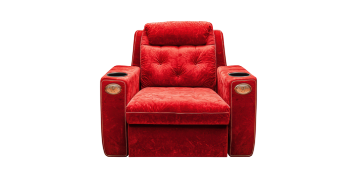 Luxurious Red Velvet Recliner Chair With Cup Holders. Comfort And Style For Home Theater Seating Isolated On Transparent Background