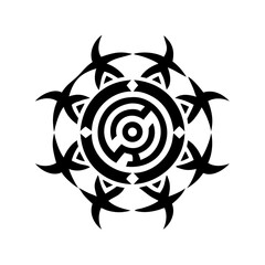 Black circular maze surrounded by tribal star shapes