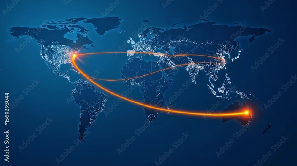 Poster animated global network connections across the world map, digital data transfer