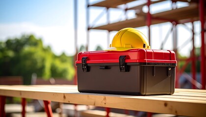 Toolbox with yellow hard hat on scaffold plank at construction site under bright sky