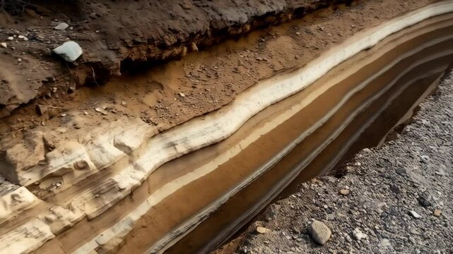 Erosion reveals layered stratigraphy on earth bank, displaying geological sediment formation of sand and rock layers near the surface.
