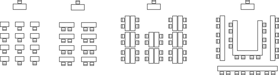seat plan, chairs and tables symbol, scheme architectural plan for office, classroom, restaurant, conference room, theatre, customizable stroke, vector © RabbiHossain