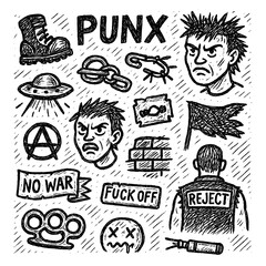 Punk Doodle Symbol Collection – Hand-Drawn Riot, Protest, Chaos, and Grunge Sketch Icons