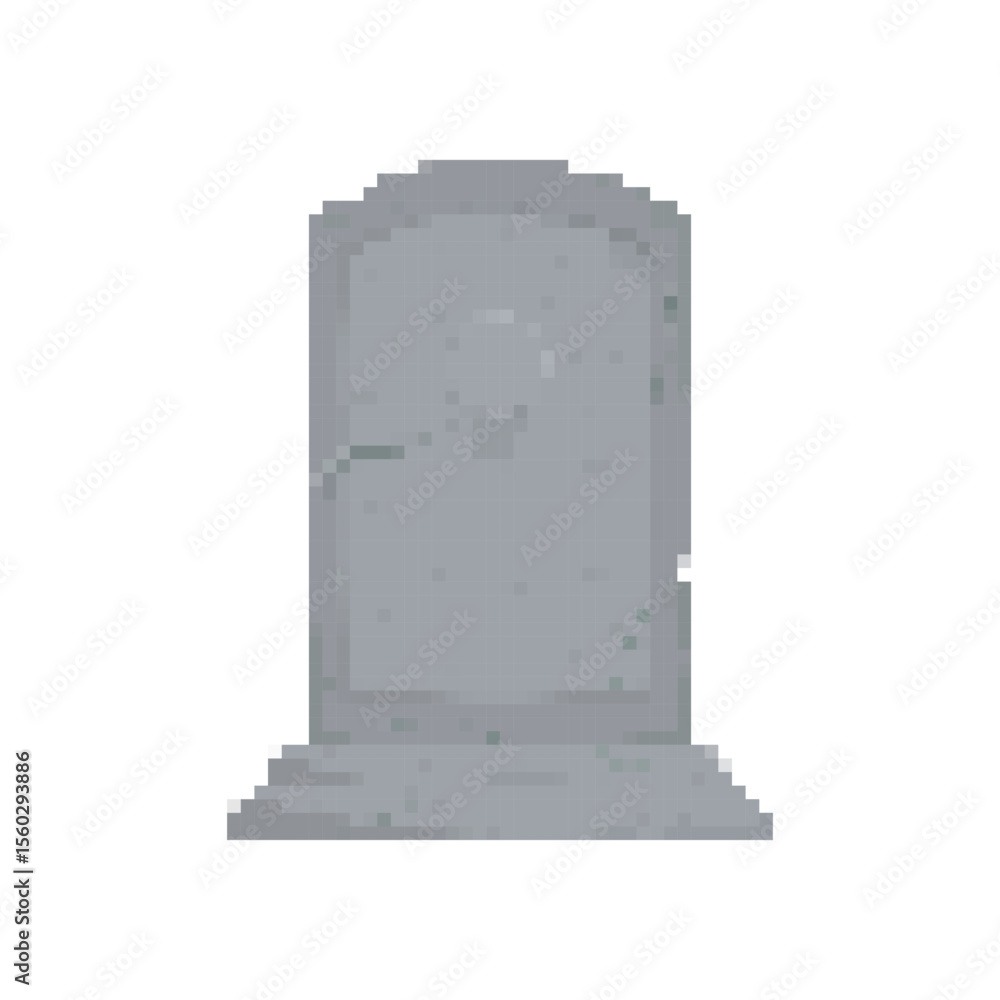Poster grey mosaic pixel art tombstone with a simple design, focusing on minimalist and clean structure.