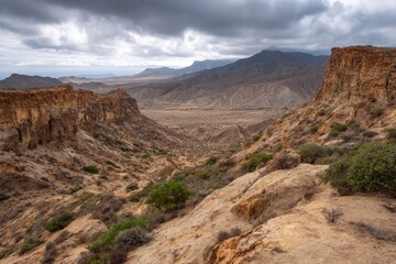 Dramatic canyon landscape with rugged sandstone cliffs and distant mountains under a cloudy sky