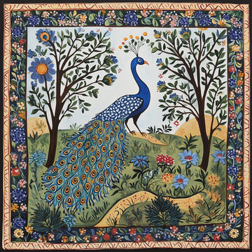 Pattachitra Peacock Painting in Floral Landscape