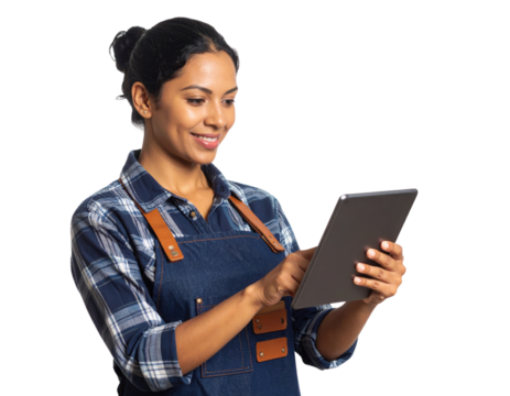 A woman in a plaid shirt and denim apron smiles while using a tablet, engaging with the device confidently and attentively.