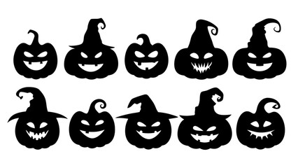 Set of black pumpkins in hats silhouette on tranparent background