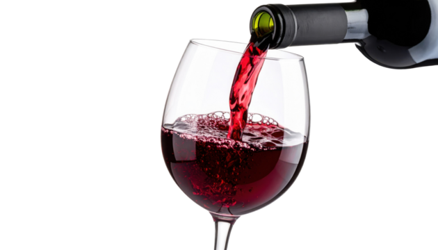 Red wine is being poured from a bottle into a glass, creating bubbles on the surface of the rich, dark liquid.