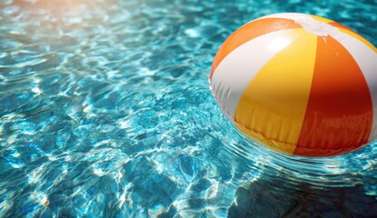 Sun-drenched summer joy: A vibrant beach ball floats serenely on a sparkling blue pool, capturing the essence of carefree relaxation.