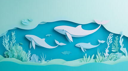 Naklejka premium A vibrant illustration of a clear blue ocean with paper cut whales