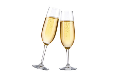 Two champagne flutes filled with sparkling champagne clinked together in a celebratory toast.
