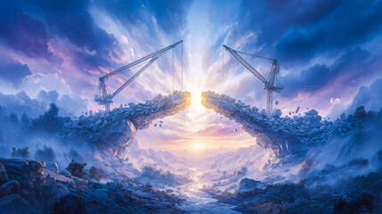 Bridges are being built from both sides toward a central golden block. Majestic landscape with cranes and warm light