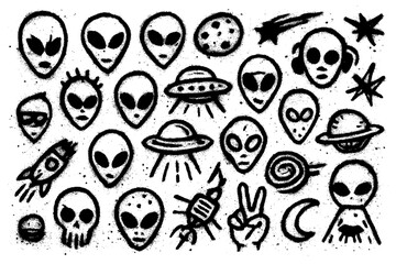 Hand Drawn Alien Icon Doodle Set &ndash; Transparent Background Sketch Style