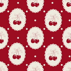 Vintage burgundy Seamless pattern with cherries, bows and polka dots. Designe for print, fabric, wallpaper, wrapping paper.
