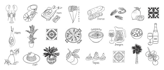 Spanish vacation vibe set in sketch style. Hand drawn Mediterranean food, paella, sangria, tapas, gazpacho, churros, chorizo. Coastal collection for card, print, wedding invitation, menu design
