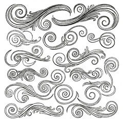 Collection of decorative swirls and flourishes, hand-drawn with intricate details and vintage style.