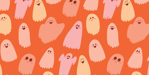 Seamless Pattern with Smiling Cute Ghosts in Soft Pastel Colors. Happy Emotions, Blushing Faces. Hand Drawn Halloween Design on Orange Background. Flat Graphic Vector Illustration