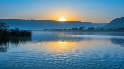 Serene sunrise over tranquil river with mist hovering above majestic mountain peaks © PhotoMax