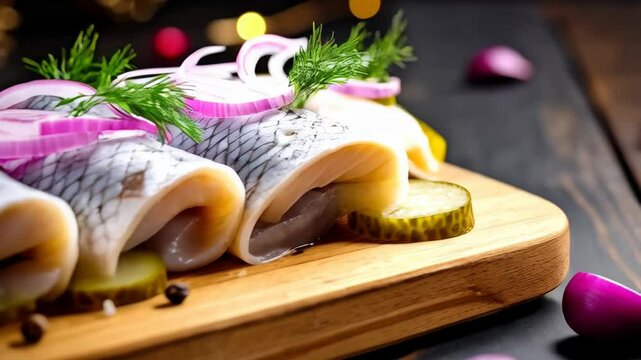 Delicious herring rolls with dill, red onion, and pickled cucumber arranged on a wooden board with a festive background.