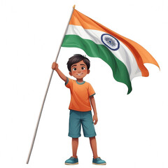 Young boy holding Indian flag and smiling in casual outfit  