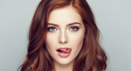 Young Woman with Red Hair Licking Lips Playfully in Studio Beauty Portrait