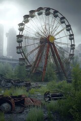 Ruined Ferris wheel in overgrown wasteland