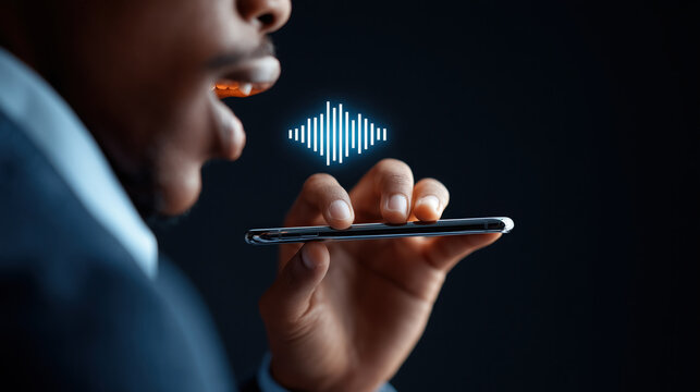 Businessman uses voice recognition on smartphone, voice command with digital sound wave graphic - Powered by Adobe