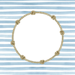 A round frame made of sea rope with knots on a striped blue and white background. Watercolor illustration for postcards, labels.