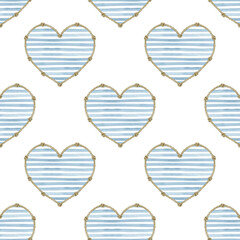 Seamless marine pattern with blue - white striped hearts. Watercolor illustration, for fabric, wrapping paper, cover, packaging.